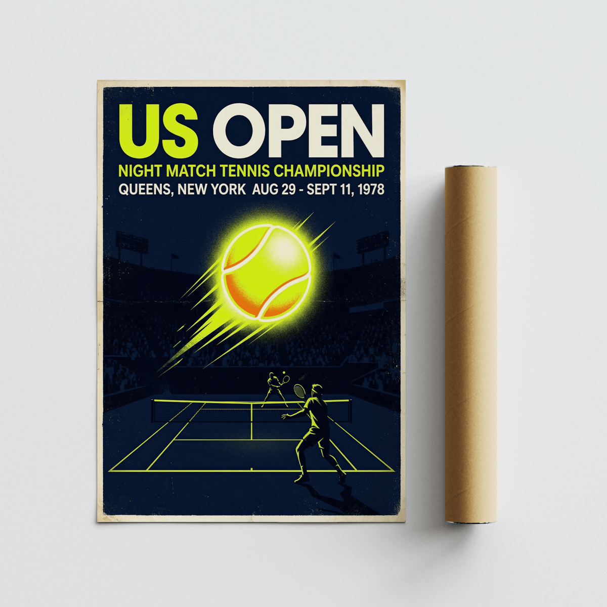 Showing a vintage-style tennis poster wall art with Queens, New York text and a glowing ball above the net
