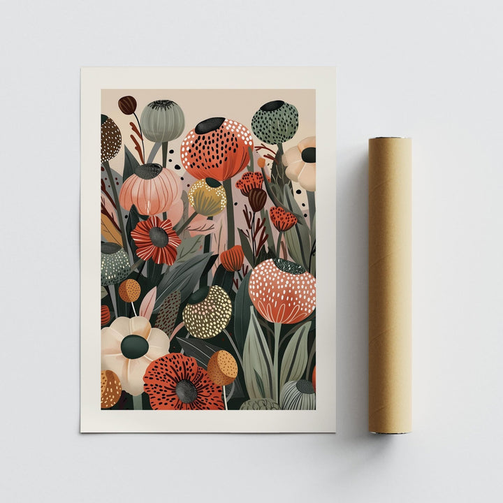 Floral print wall art showing colourful poppy seed heads beside a packaging tube