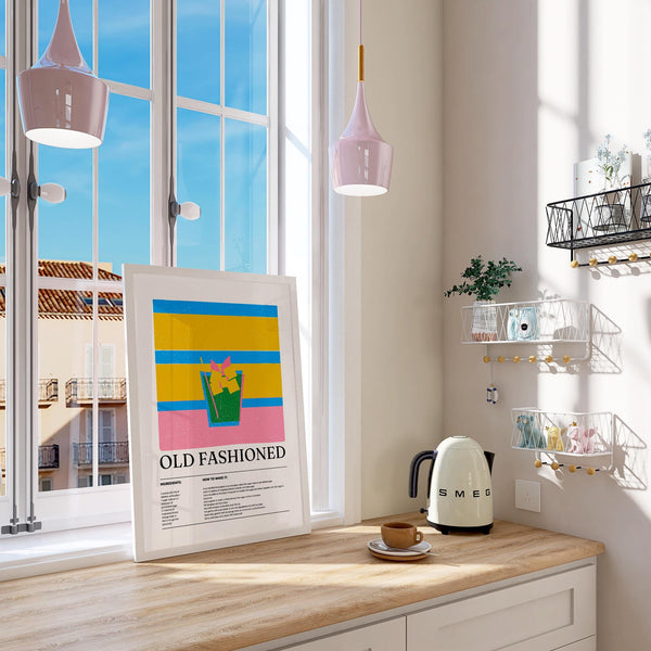 Whiskey cocktail poster with orange twist in a modern glass illustration.