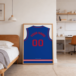 Minimal jersey silhouette poster with bottom stripes and small team wordmark