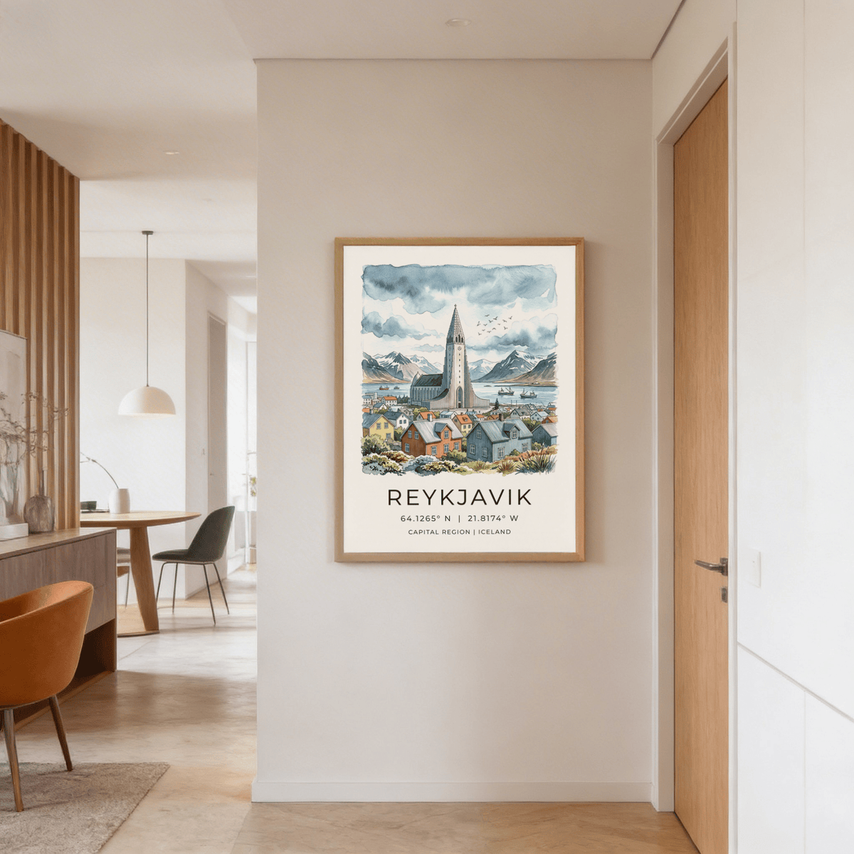 Reykjavik Watercolor Art Print depicting coordinate text beneath a coastal city skyline
