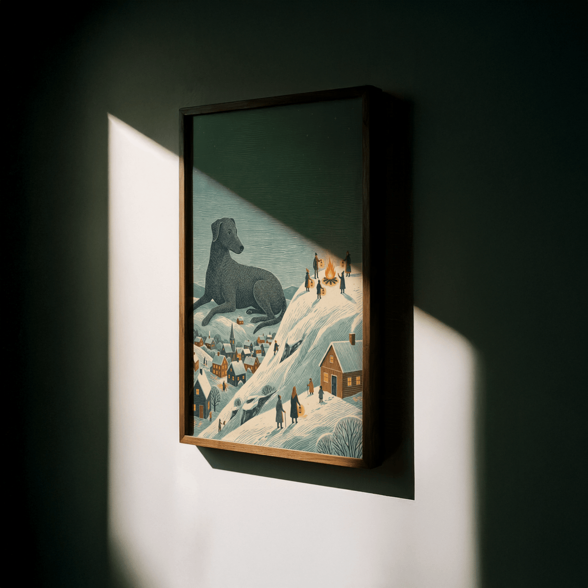 Winter Landscape Wall Art featuring Black dog, Blue sky for art print