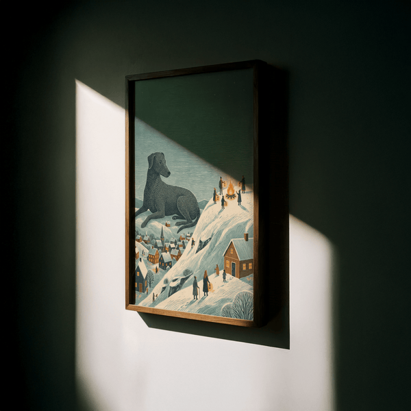 Winter Landscape Wall Art featuring Black dog, Blue sky for art print