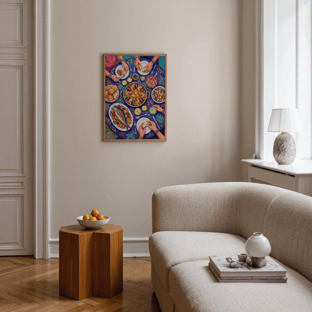 Colorful Food Art Print in blue and yellow tones, ideal for dining room wall art