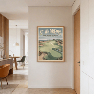 Classic St Andrews Golf Print with town buildings, coastline, and sweeping fairway shapes