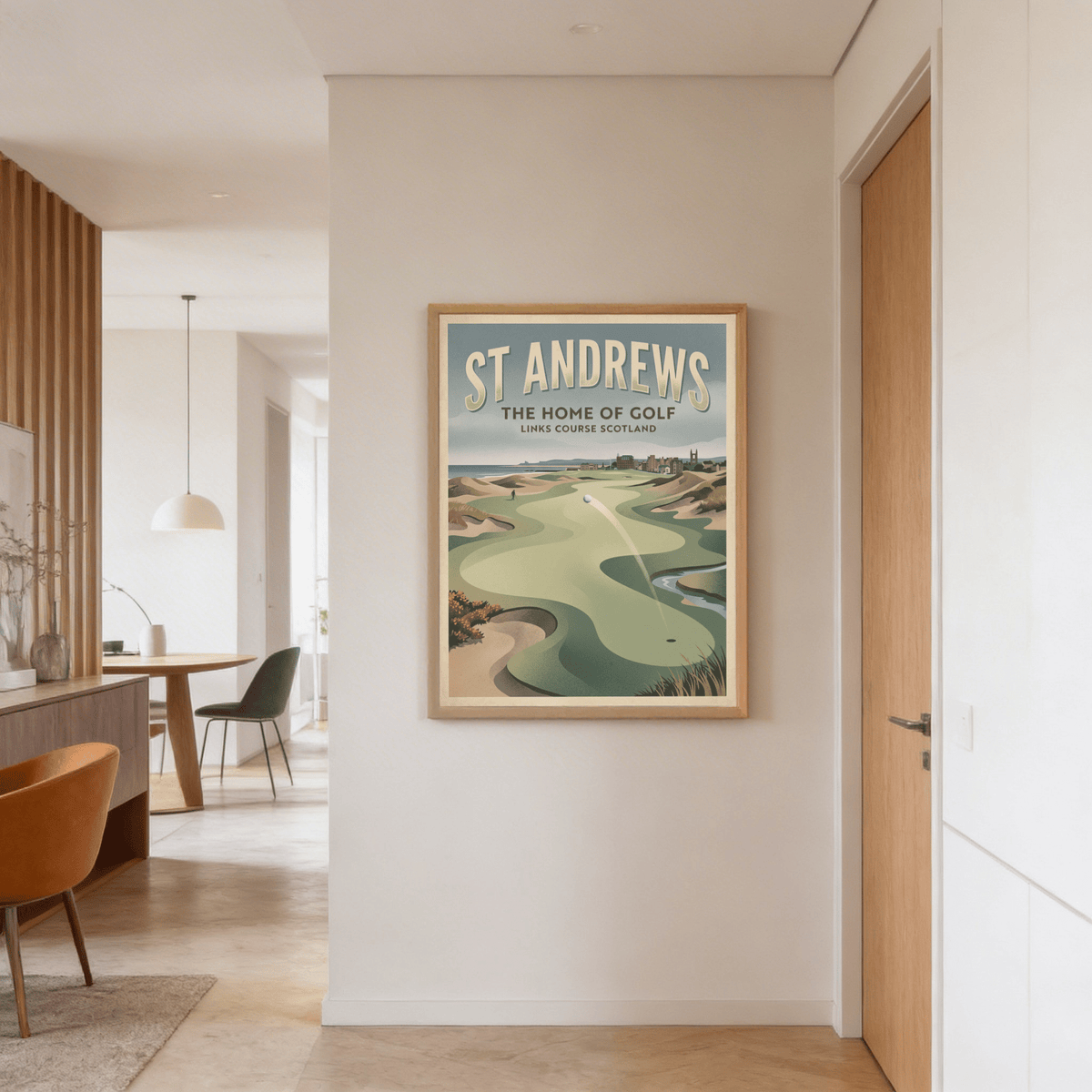Classic St Andrews Golf Print with town buildings, coastline, and sweeping fairway shapes