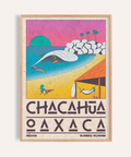 Artwork of CHACAHUA OAXACA travel poster with bay, wave, and palm trees wall art print
