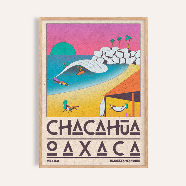 Artwork of CHACAHUA OAXACA travel poster with bay, wave, and palm trees wall art print