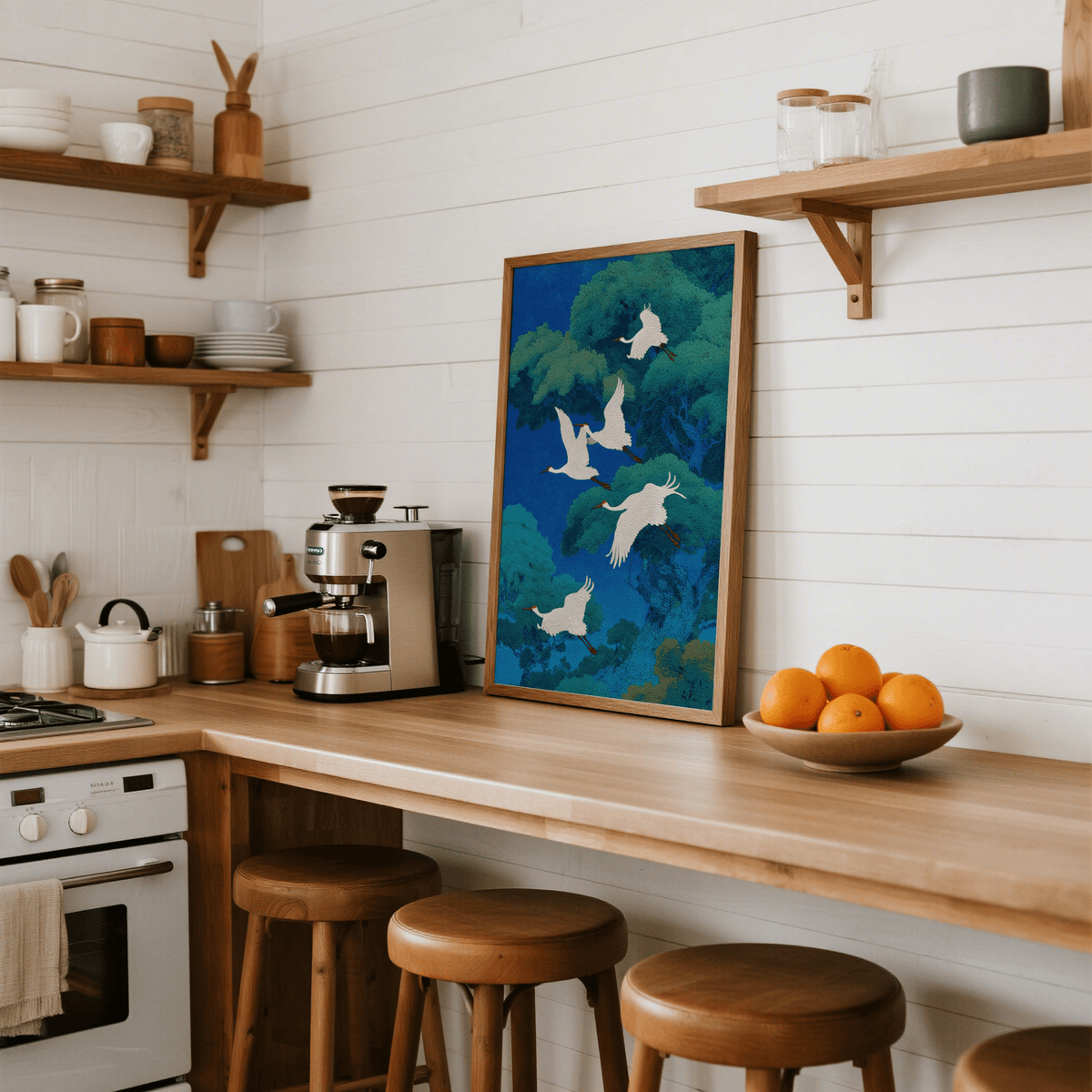 Bird Art Print with elegant cranes for library wall art