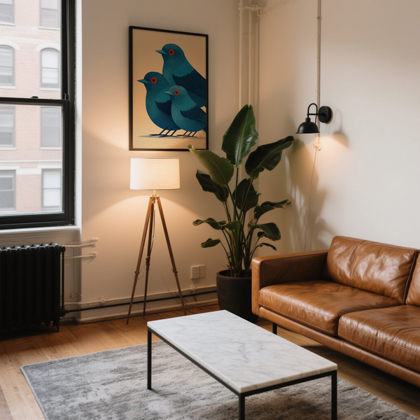 Blue Bird Art Print with three birds in side view, clean shapes, and detailed feather lines