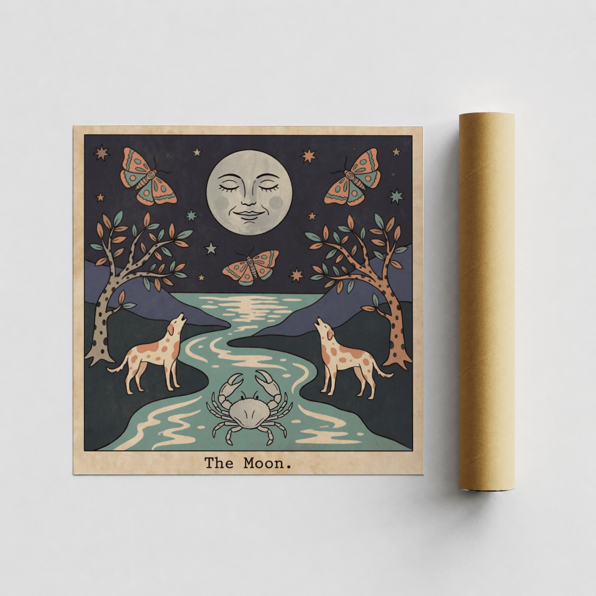 Night-sky tarot wall art featuring moths, stars, and two trees framing a river landscape
