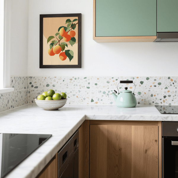 Apricot Wall Print featuring orange apricots and green leaves for dining room