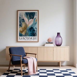 Modern floral wall art in teal and gold, ideal for living room decor