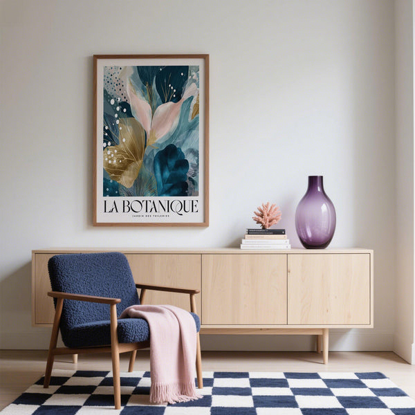 Modern floral wall art in teal and gold, ideal for living room decor