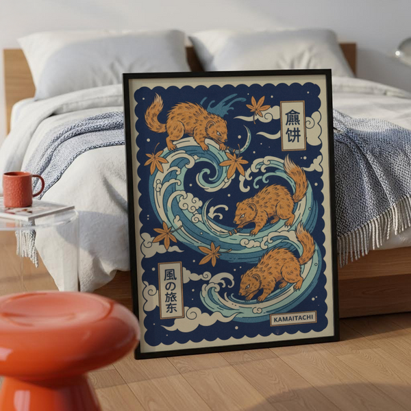 Kamaitachi Wall Art print with maple leaves and scalloped border