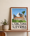 Ljubljana Slovenia Art Print in Green, Blue and Beige mid-century style