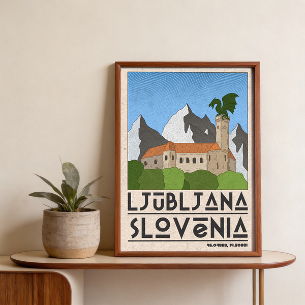 Ljubljana Slovenia Art Print in Green, Blue and Beige mid-century style