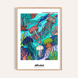 Underwater jellyfish wall art print with bubbles and coral shapes