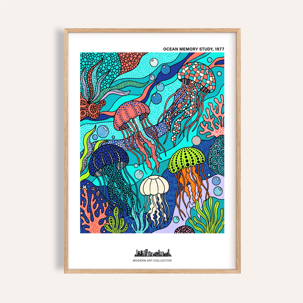 Underwater jellyfish wall art print with bubbles and coral shapes