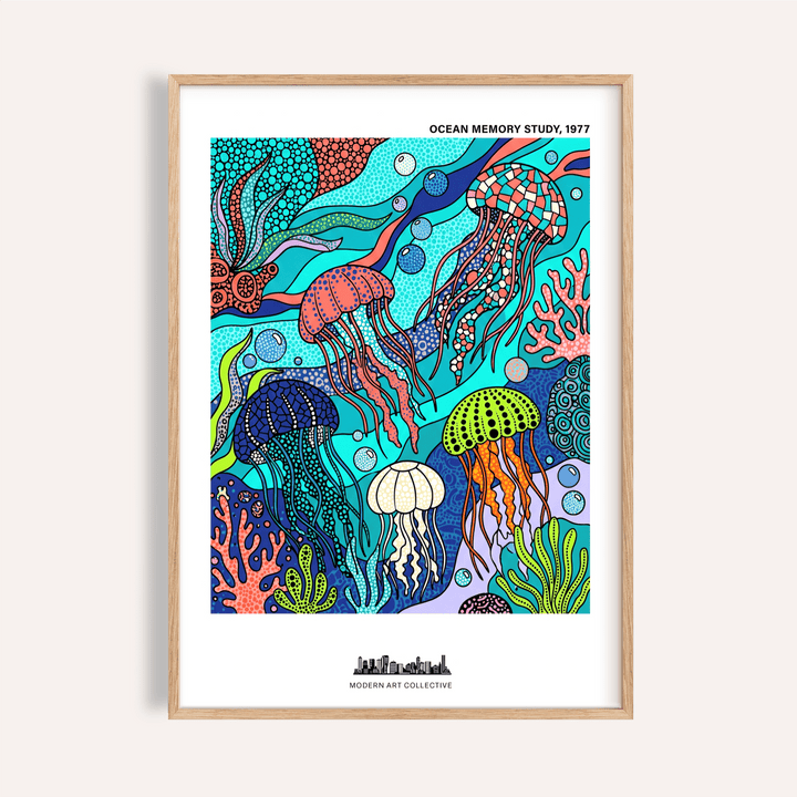 Underwater jellyfish wall art print with bubbles and coral shapes