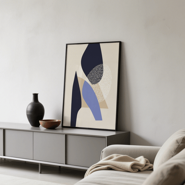 Abstract Art Poster in Blue and Beige, perfect for minimalist living room print