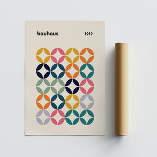 Colorful wall art office piece with layered circle motifs in soft and bold hues.