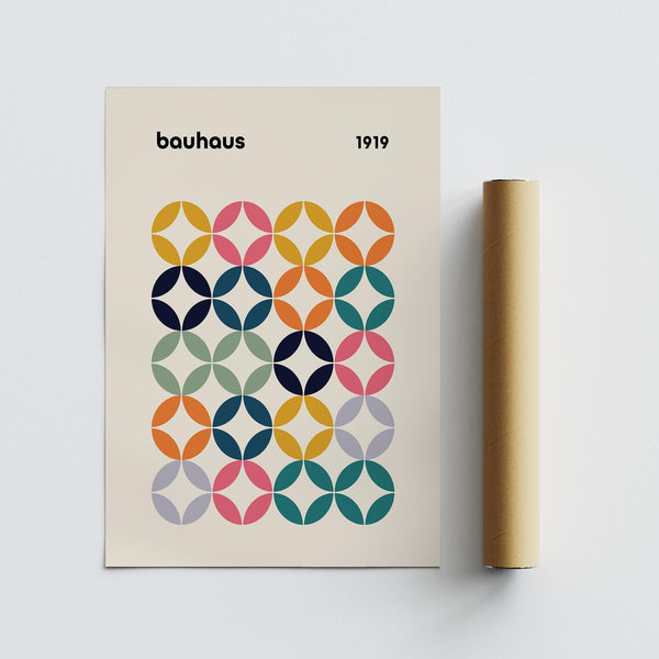 Colorful wall art office piece with layered circle motifs in soft and bold hues.