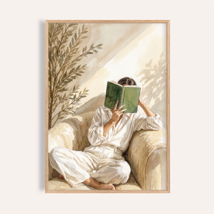 Serene Neutral Woman Reading Art Print poster of seated figure with green book on sofa