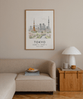 Sketch-style Tokyo skyline wall art print with modern buildings and distant Mount Fuji