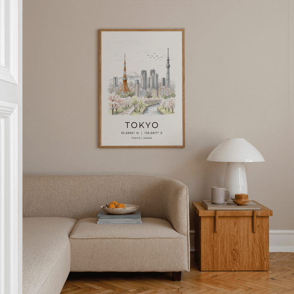 Sketch-style Tokyo skyline wall art print with modern buildings and distant Mount Fuji