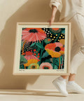 Vibrant floral abstract wall art with bold colours.