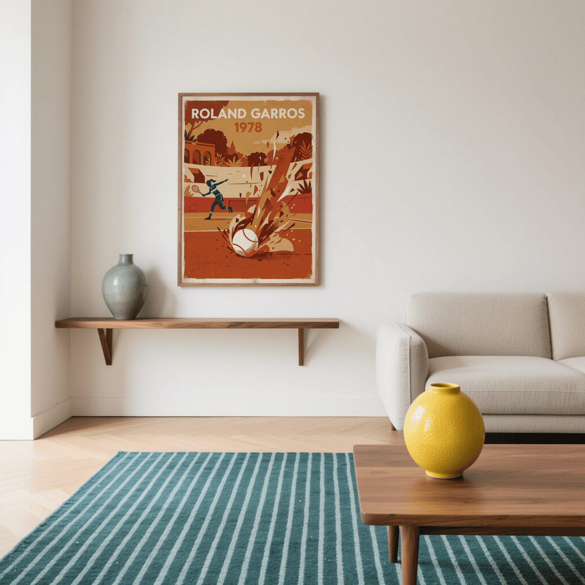 Vintage Tennis Art Print in Orange and Beige with Roland Garros title and 1978 date at top