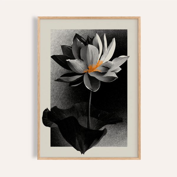 Lotus Flower Art Print on white wall with centered bloom