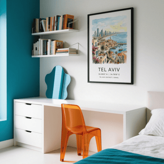 Coastal city poster print showing Tel Aviv bay curve, pier, and birds in the sky