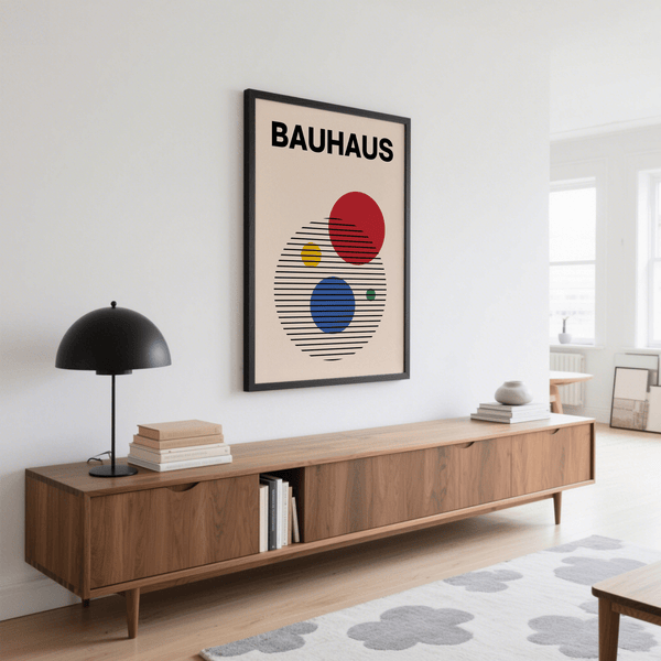 Contemporary Abstract Circle Wall Art poster, Red Blue Beige for hallway