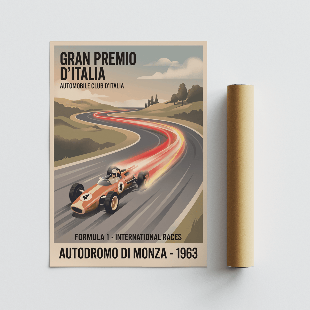Motorsport illustration print featuring a streamlined open cockpit car and long sweeping corner composition