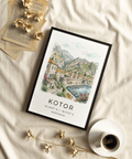 Kotor bay illustration poster showing zigzag fortress walls climbing the mountain above the old town
