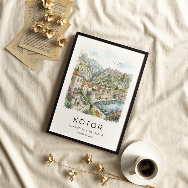 Kotor bay illustration poster showing zigzag fortress walls climbing the mountain above the old town