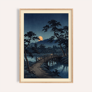Moonlit Bridge Art Print showing an arched wooden bridge over calm water
