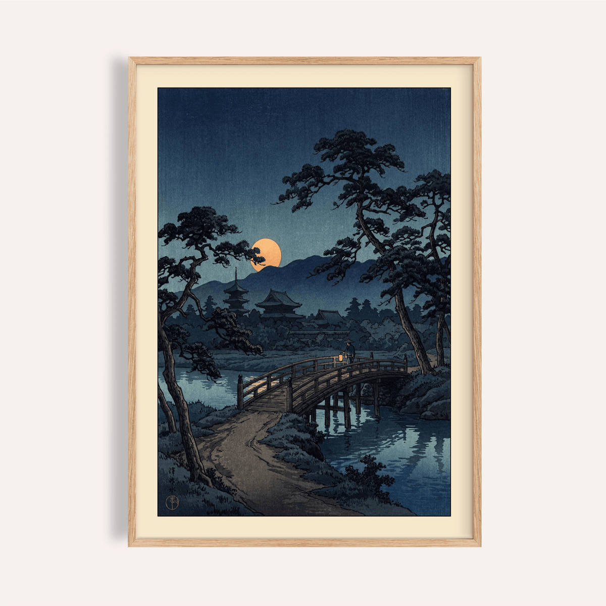 Moonlit Bridge Art Print showing an arched wooden bridge over calm water
