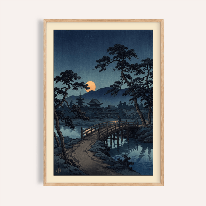 Moonlit Bridge Art Print showing an arched wooden bridge over calm water