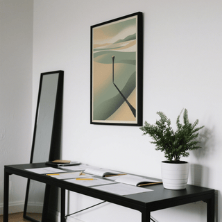 Muted green and beige landscape illustration featuring receding curved landforms