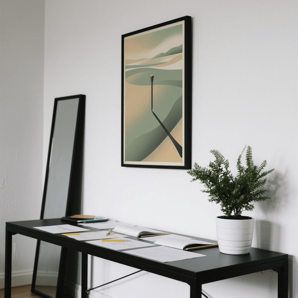 Muted green and beige landscape illustration featuring receding curved landforms