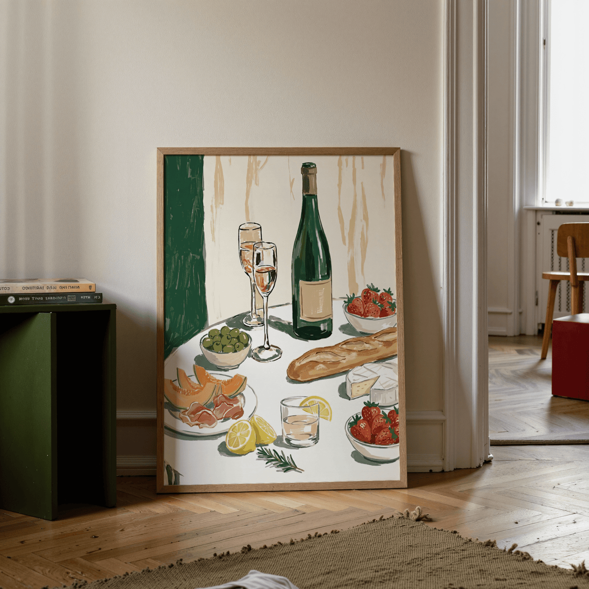 Food and Wine Art Print in green, red, and tan, for dining room poster