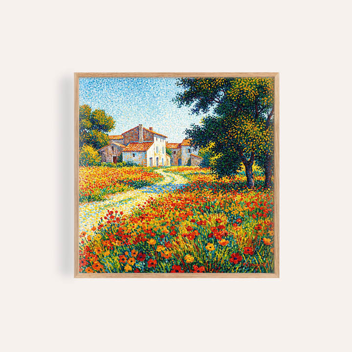 Flower Field Art Print with green, red, and blue for living room wall art