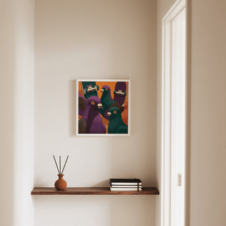 Modern Pigeon Skateboard Art wall art with Green and Purple details for a creative workspace