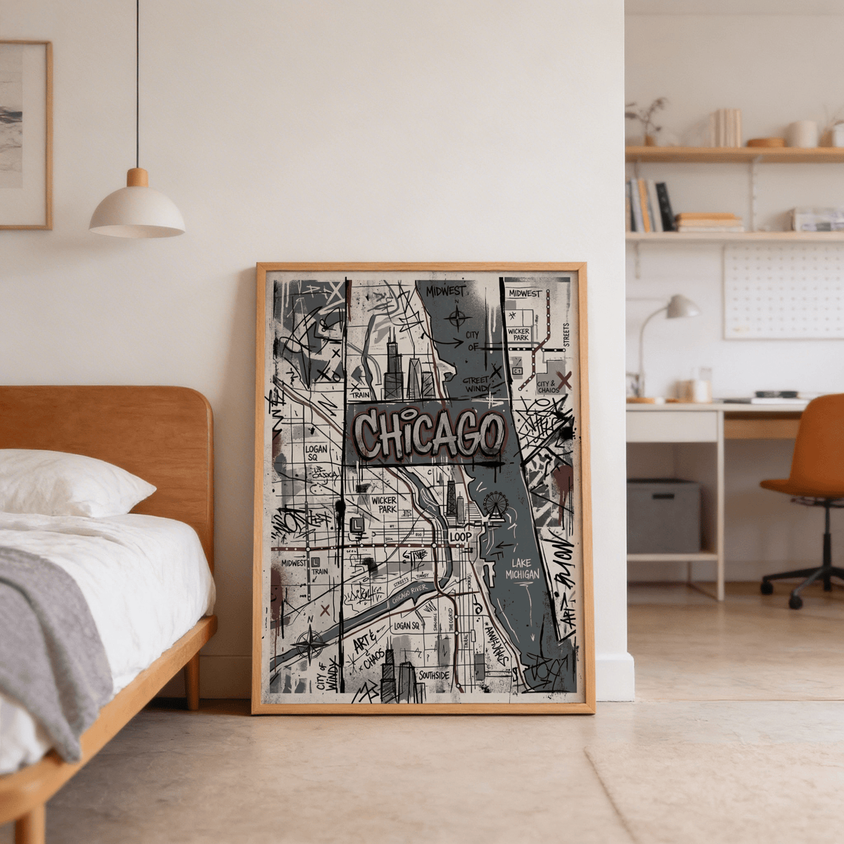 Chicago Street Art design showing clustered tags and directional symbols