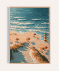Beach Lighthouse Print with blue and gold tones for bedroom wall art