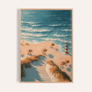 Beach Lighthouse Print with blue and gold tones for bedroom wall art