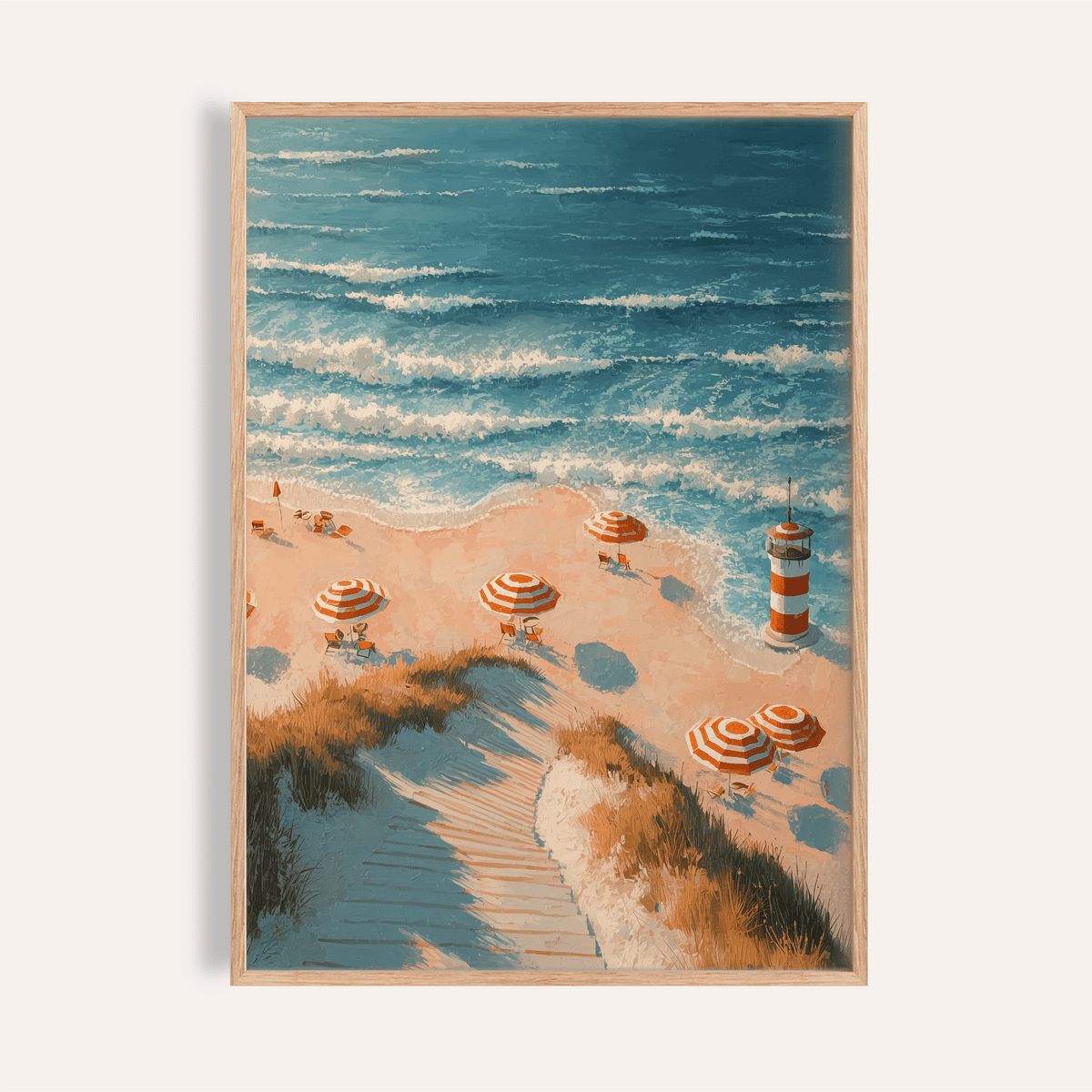 Beach Lighthouse Print with blue and gold tones for bedroom wall art